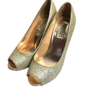 Badgley Mischka Humbie II 2 Gold Sparkle Peep Toe Platform Leather 7.5